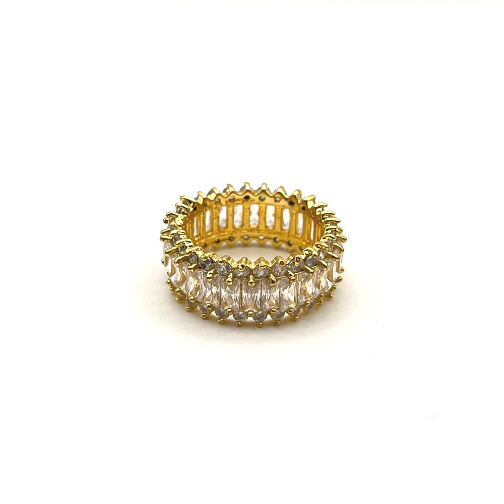 925 Sterling Silver Gold Baguette Cubic Zirconia Triple Row Eternity Ring Size 5